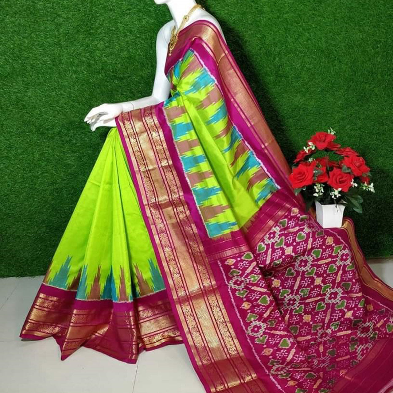 Elegant Green Fancy Silk Patola Saree With Rich Zari Kanchi Border