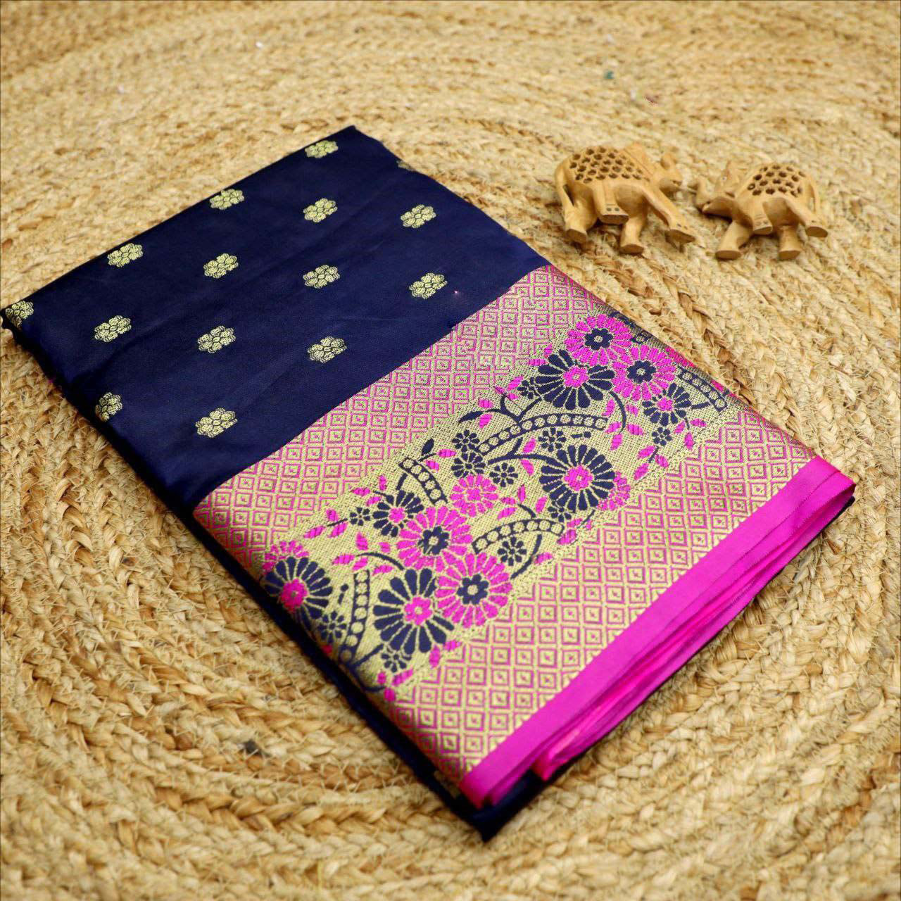 Navy Blue Weaving Work Silk Saree Korvai Style Perfect For Sangeet And Reception