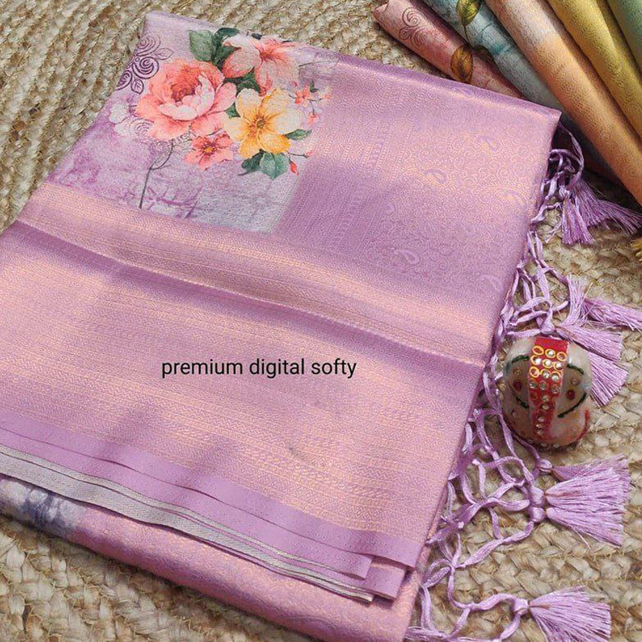 Soft Silk Lavender Color Digital Printed Saree