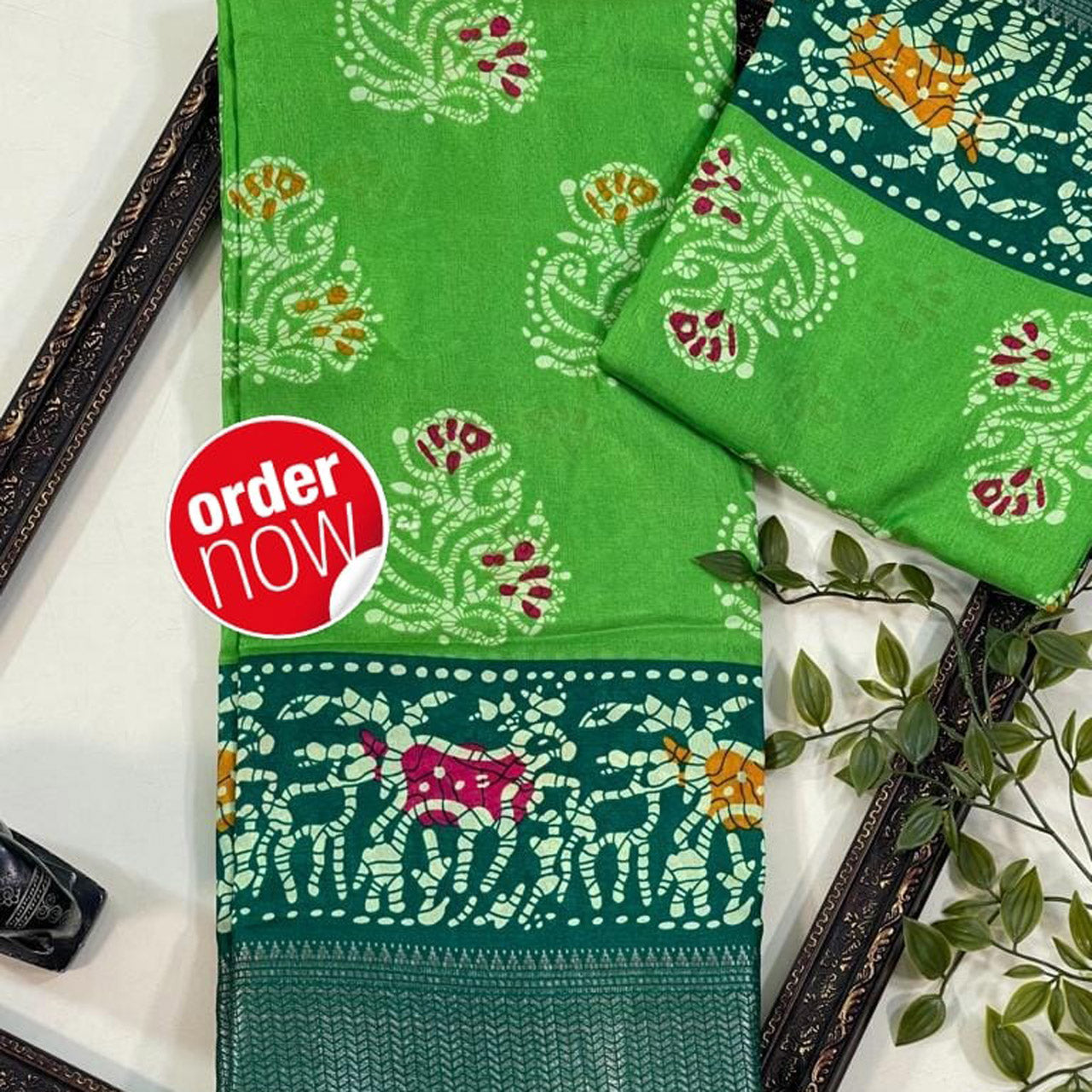 Vibrant Green Digital Print Saree Fancy Silk Drape For Elegant Occasions