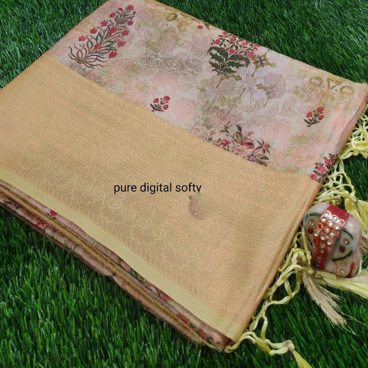 Simple Look Saree In Beige Digital Printed Soft Silk With Blouse