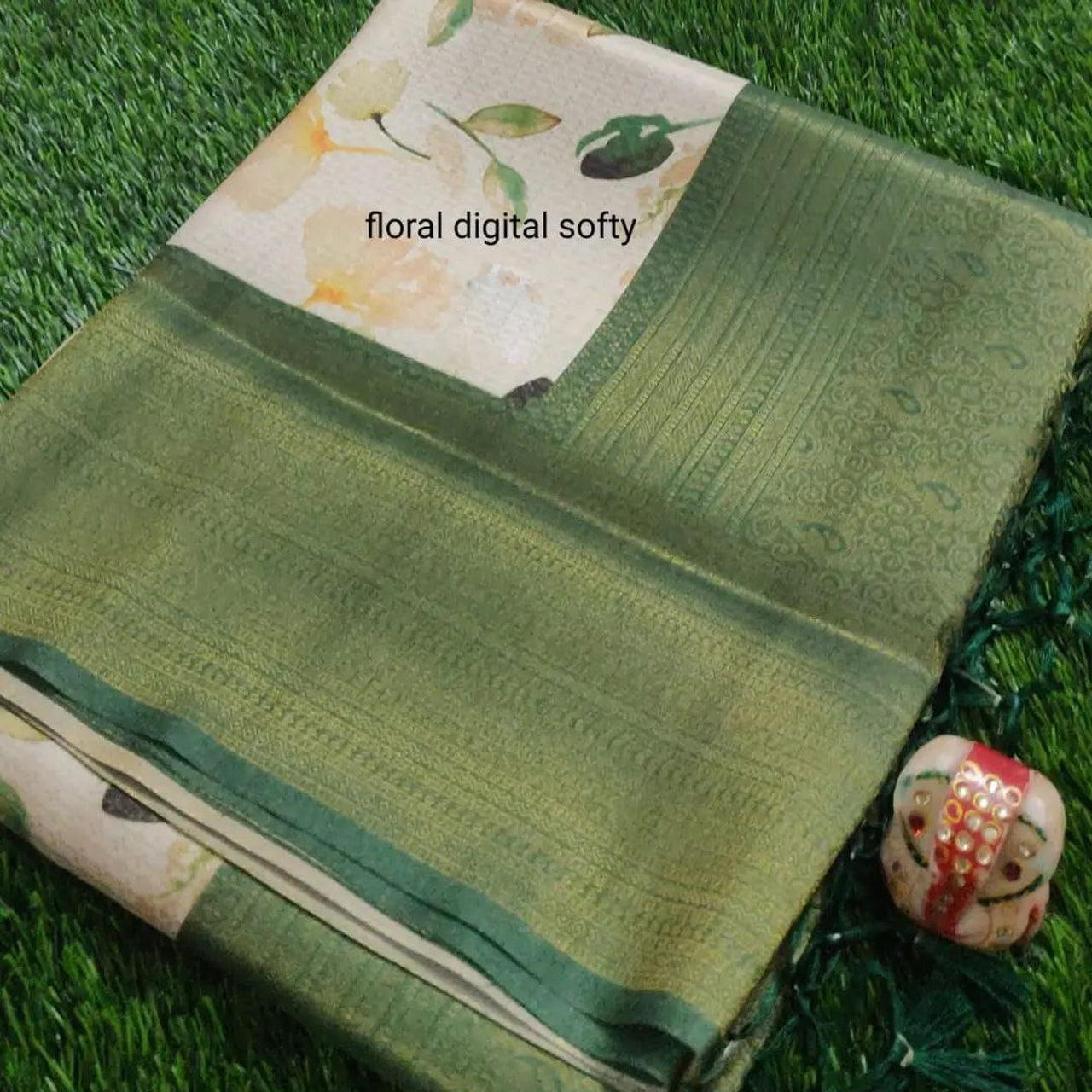 Trendy Vibes Beige Soft Silk Saree With Digital Art And Fancy Blouse