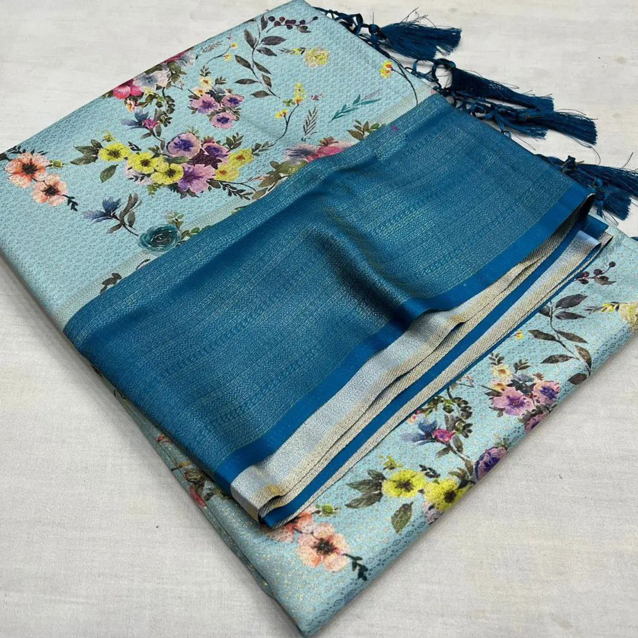 Cyan Digital Printed Saree For Office Wear Soft Silk With Simple Blouse