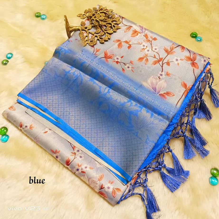 Blue Soft Silk Digital Printed Fashionable Saree