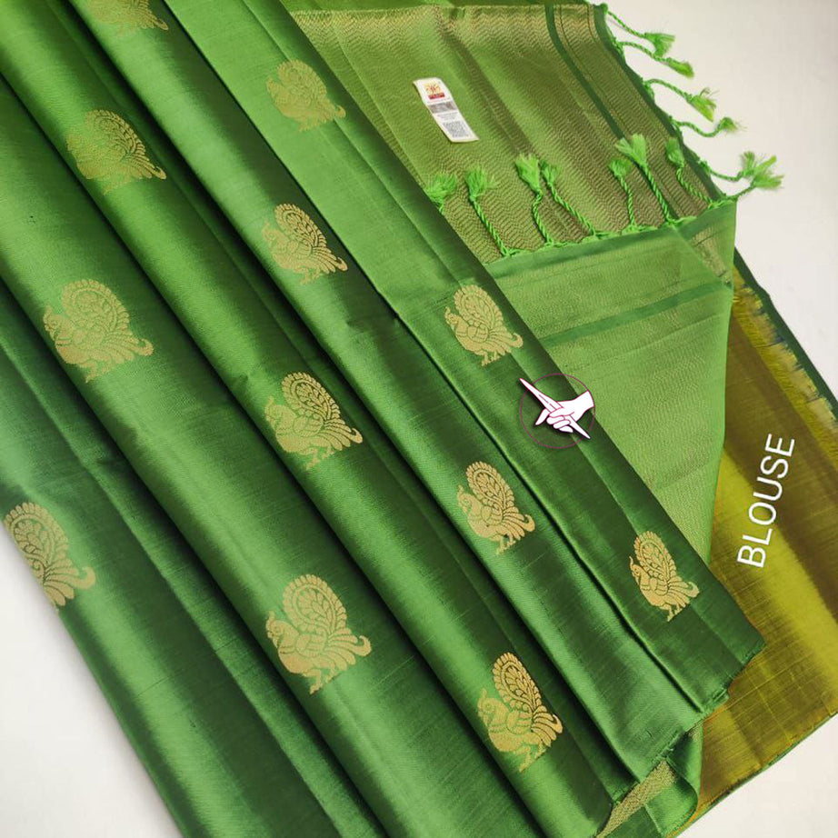 Unique Green Color Combination Premium Quality Silk Weaving Work Rich Pallu Saree With Contrast Blouse