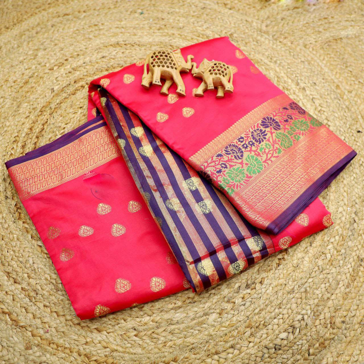 Designer Rani Korvai Weaving Silk Saree For Sangeet And Wedding Celebrations
