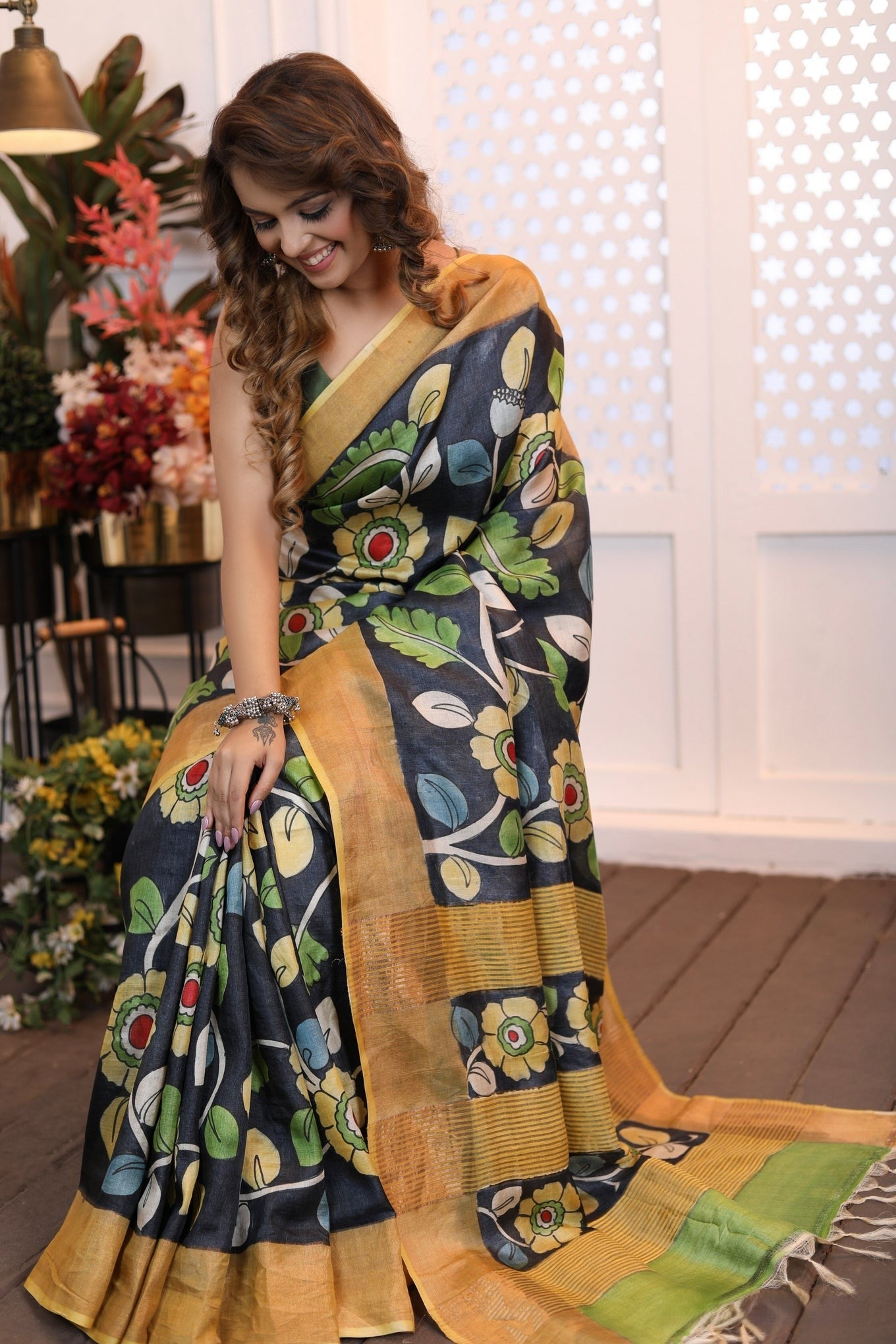 Occasion Ready Kalamkari Tussar Silk Saree with Trendy Contrast Blouse