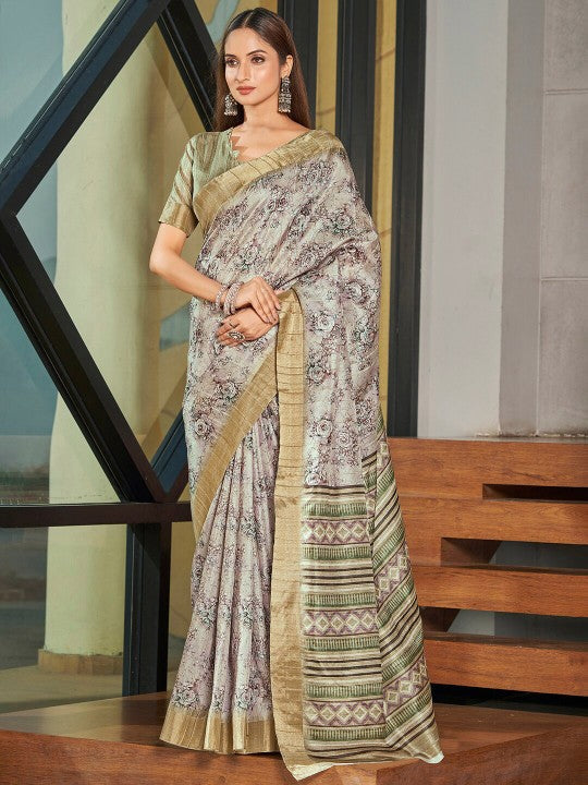 Function Ready Saree Grey Pure Soft Art Silk With Pattu Print Design