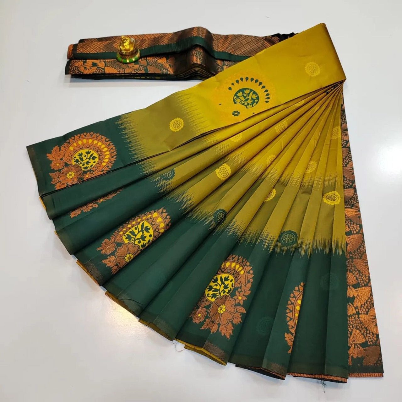 Elegant Temple Wear Saree Yellow Silk With Kubera Pattu Weaving Design