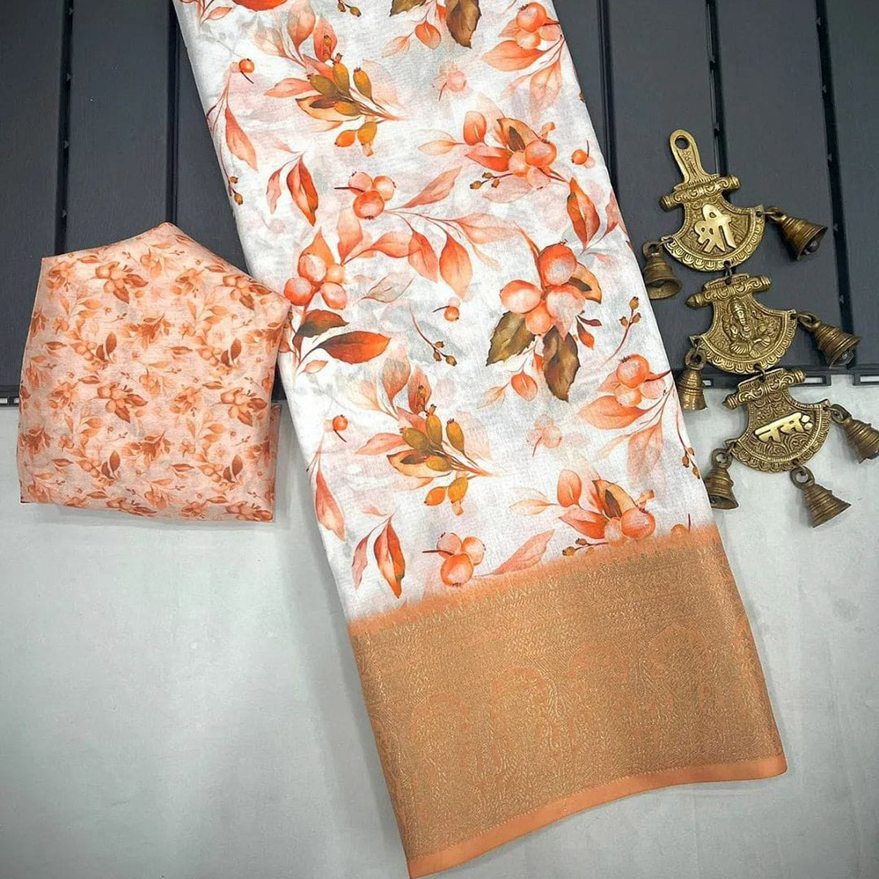 Trendy Peach Digital Printed Fancy Silk Saree Lightweight And Stylish
