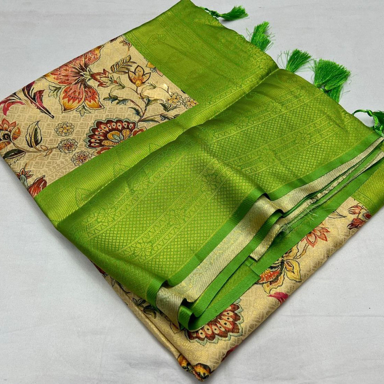 Weekend Wear Saree Beige Digital Print On Silk With Embellished Blouse