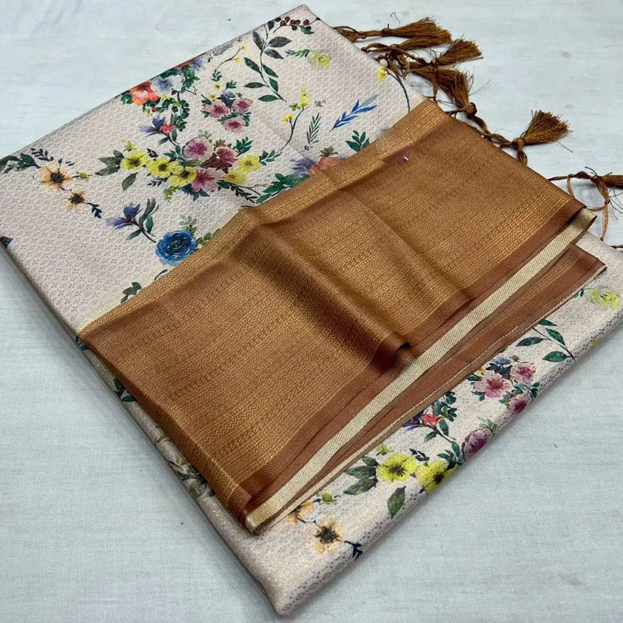 Relaxed Fit Off White Saree Digital Print In Soft Silk For Casual Events