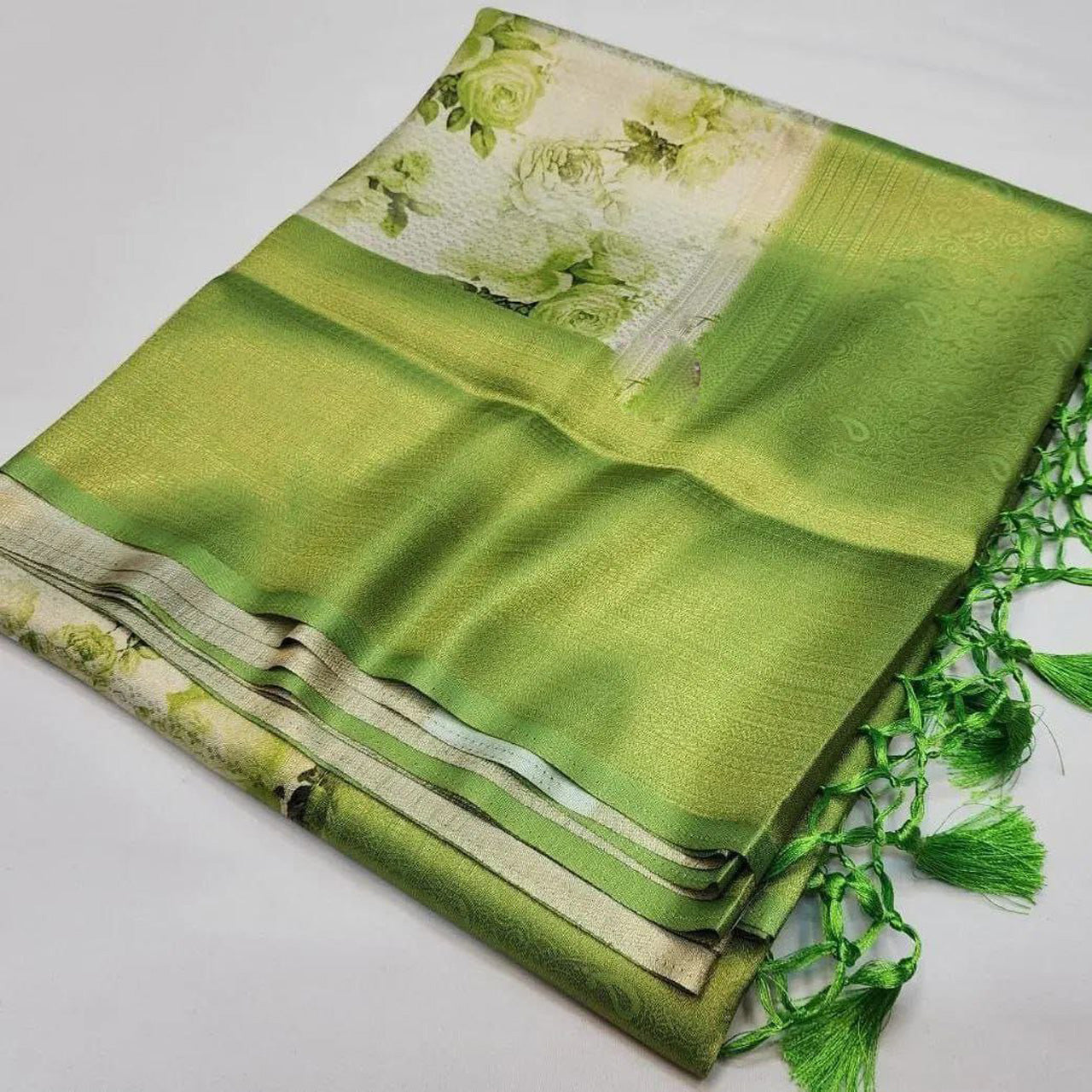 Green Printed Saree In Soft Silk Great For Work, Travel And Casual Days