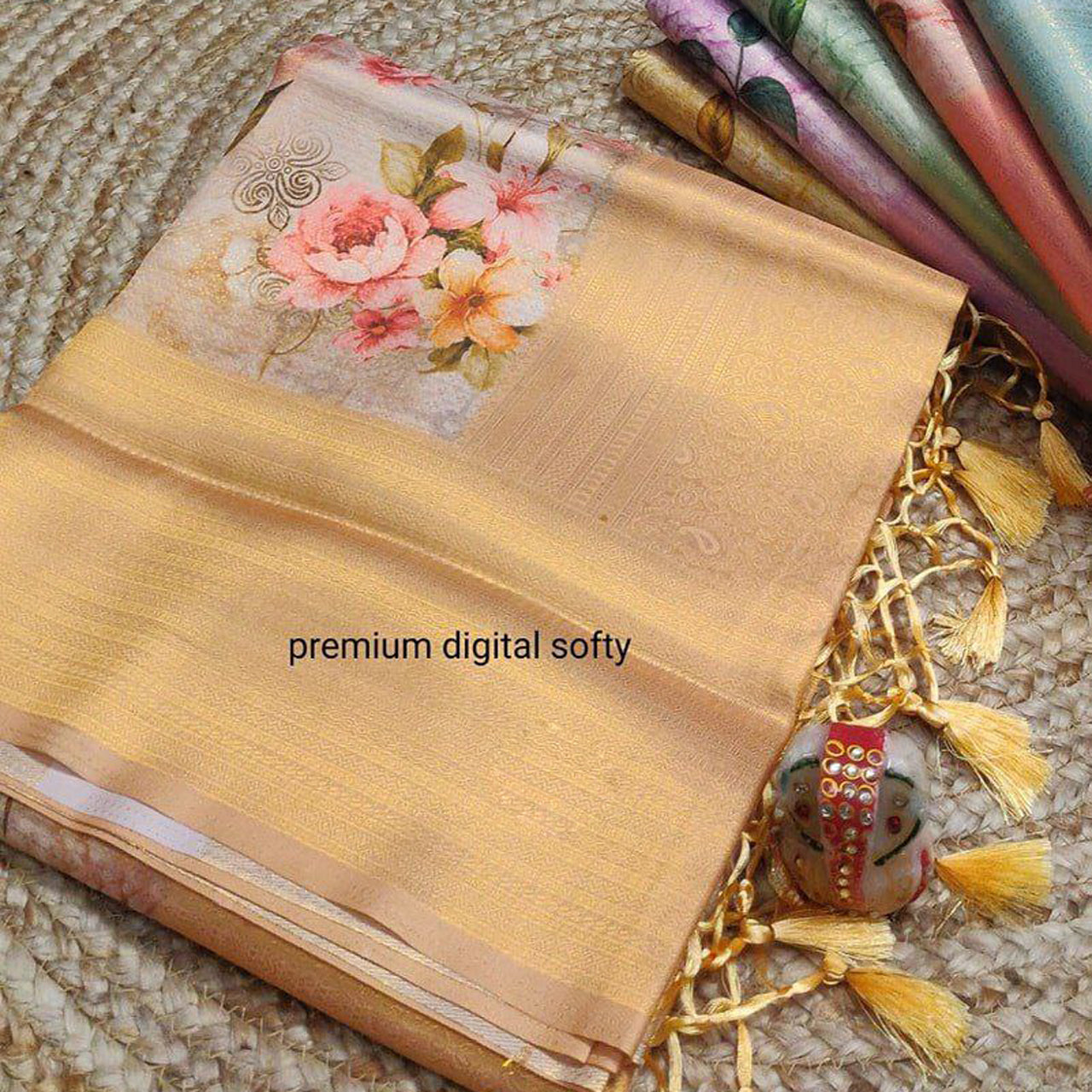 Soft Silk Saree In Peach Trendy Digital Print With Fancy Blouse Fabric
