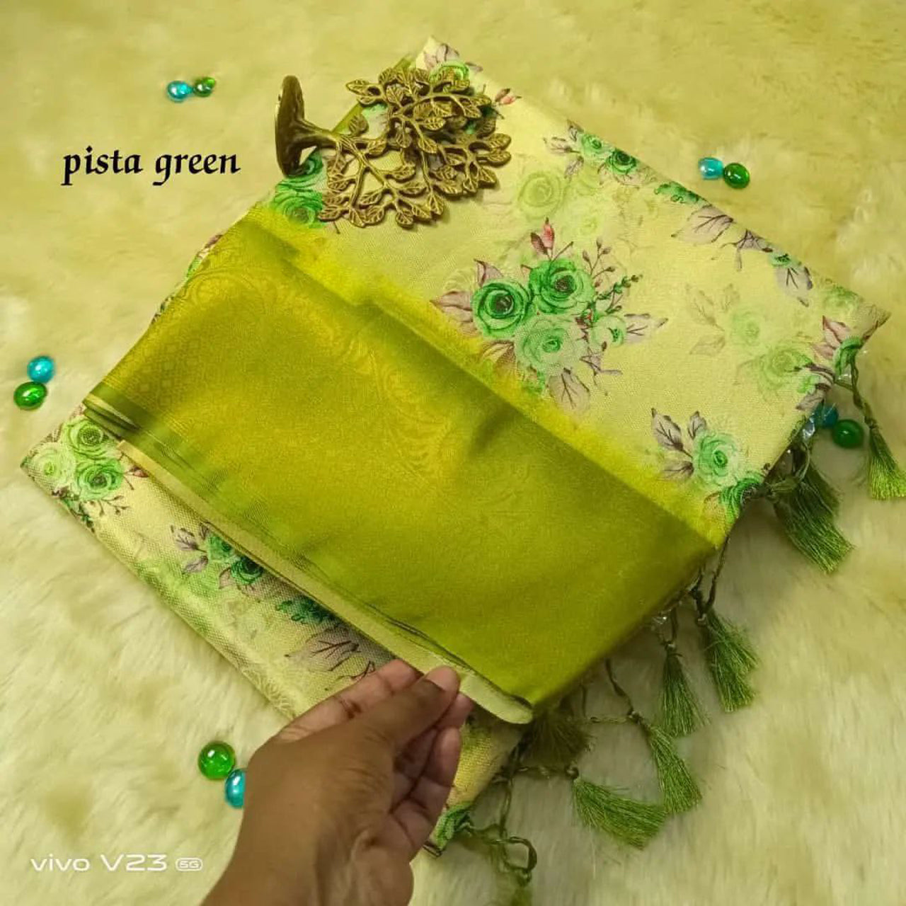 Smart Casual Saree Green Soft Silk Fabric Digital Art Blouse Combo