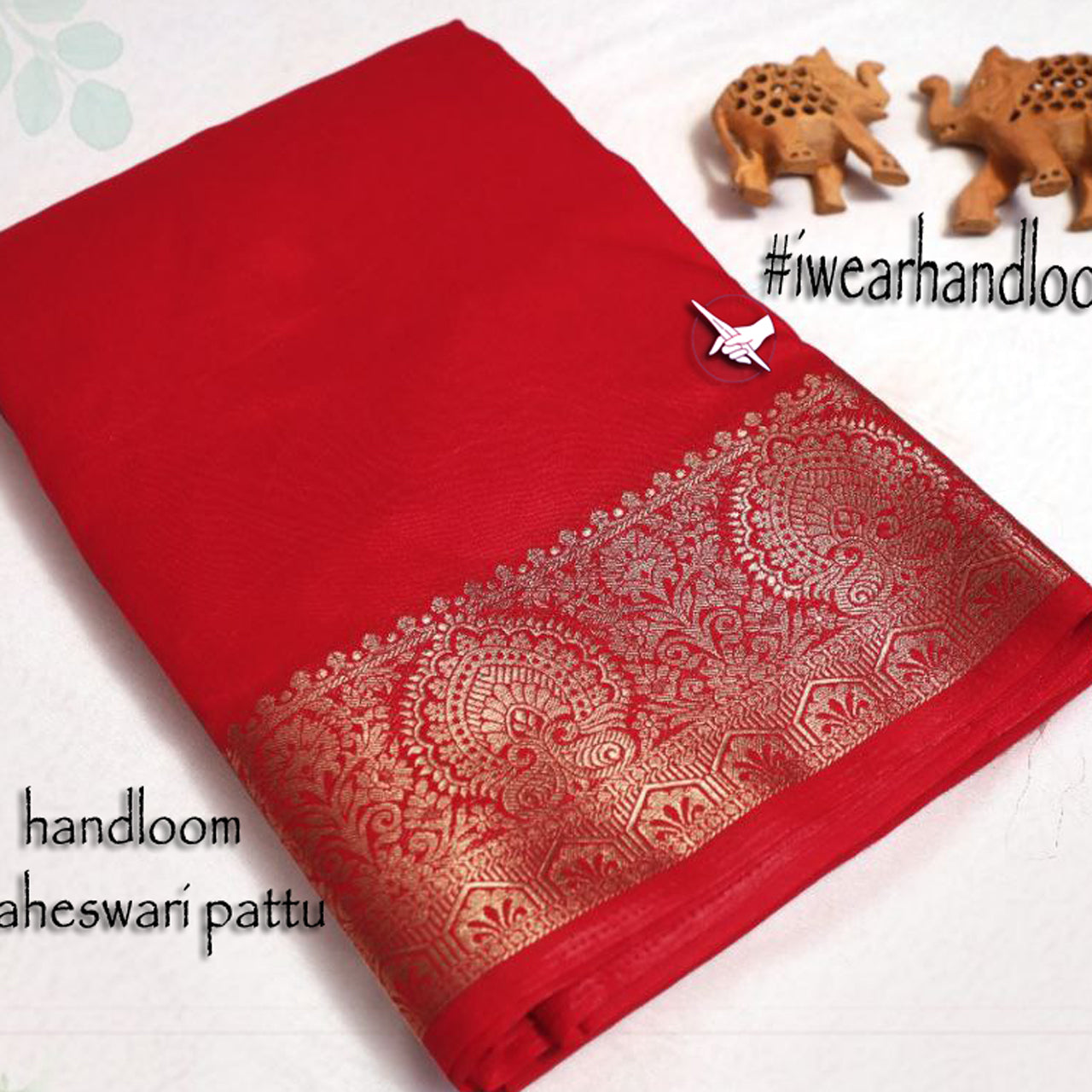 Classic Red Maheshwari Plain Tissue Silk Saree With Contrast Zari Border