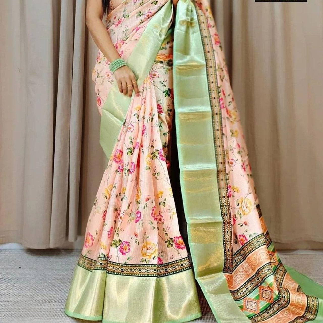 Designer Peach Digital Printed Kota Silk Saree Rich Zari Accents