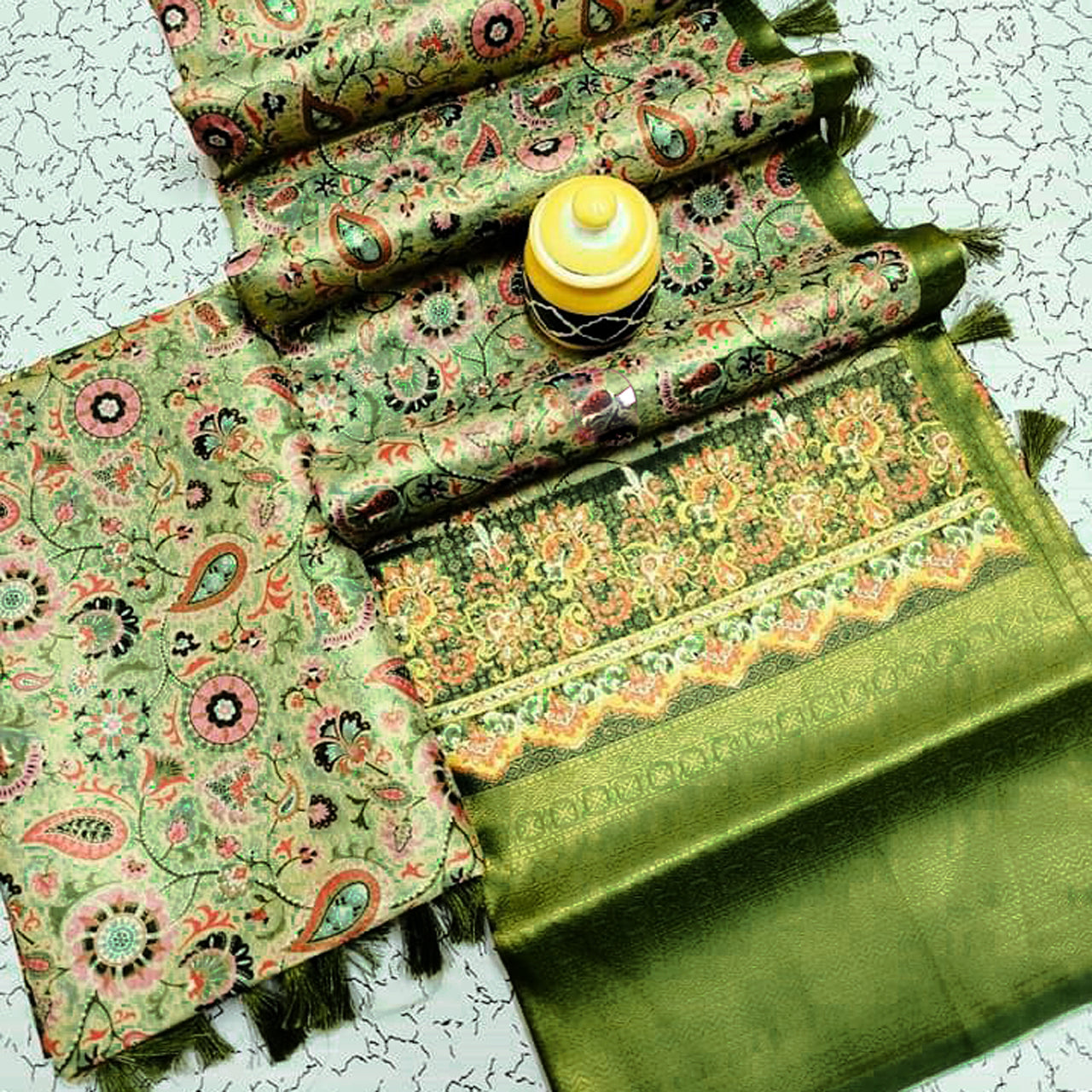 Subtle Charm Saree Green Silk With Digital Print And Fancy Blouse Fabric