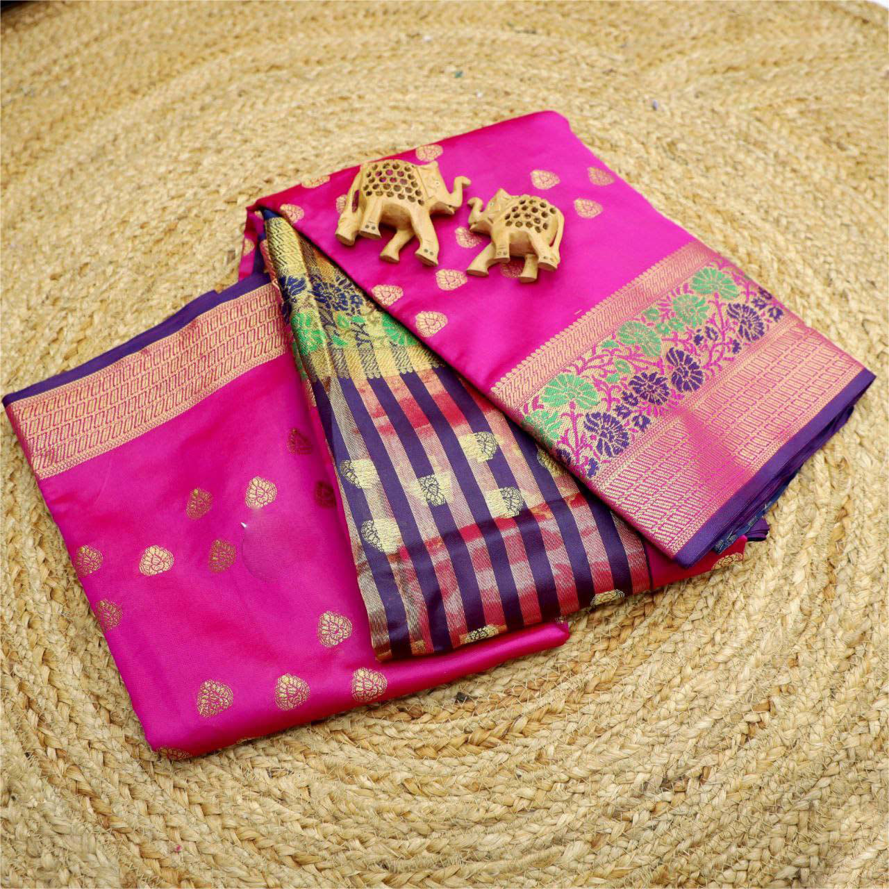 Elegant Sangeet Wear Saree Magenta Korvai Silk With Traditional Weaving Work
