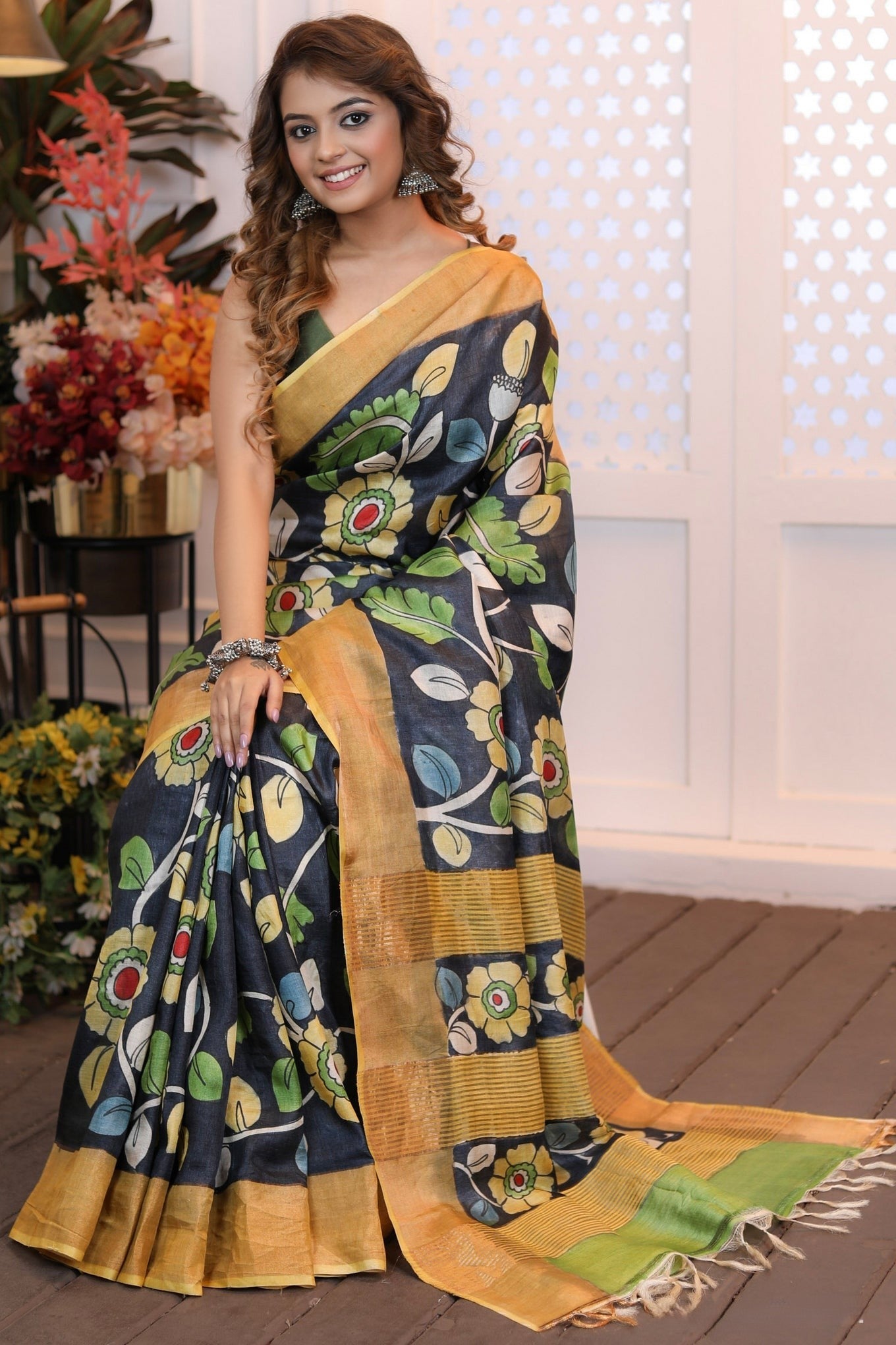 Occasion Ready Kalamkari Tussar Silk Saree with Trendy Contrast Blouse
