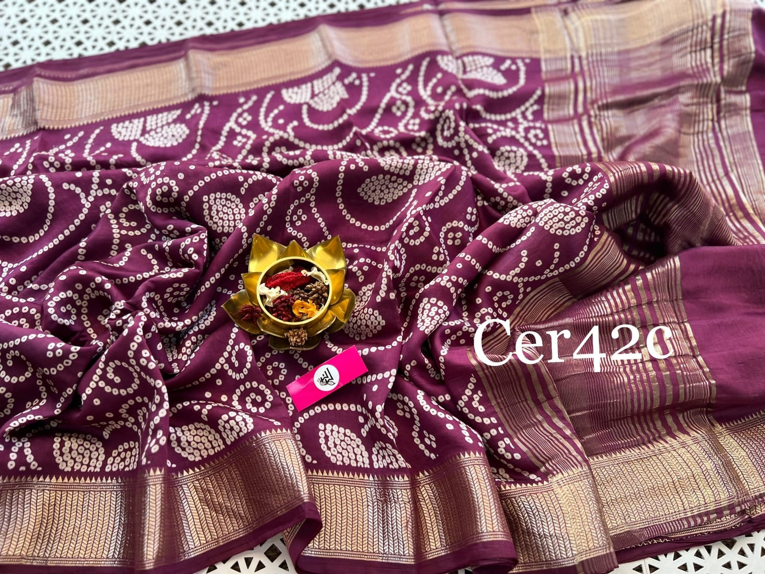 Festive Wear Wine Bandhej Print Gajji Silk Saree With Single Dot Design
