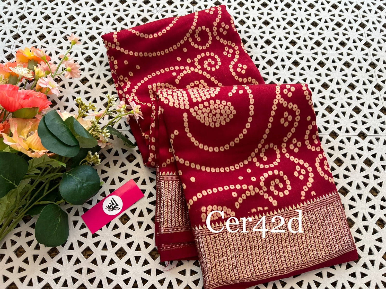 Graceful Red Bandhani Single Dot Printed Silk Saree For Women