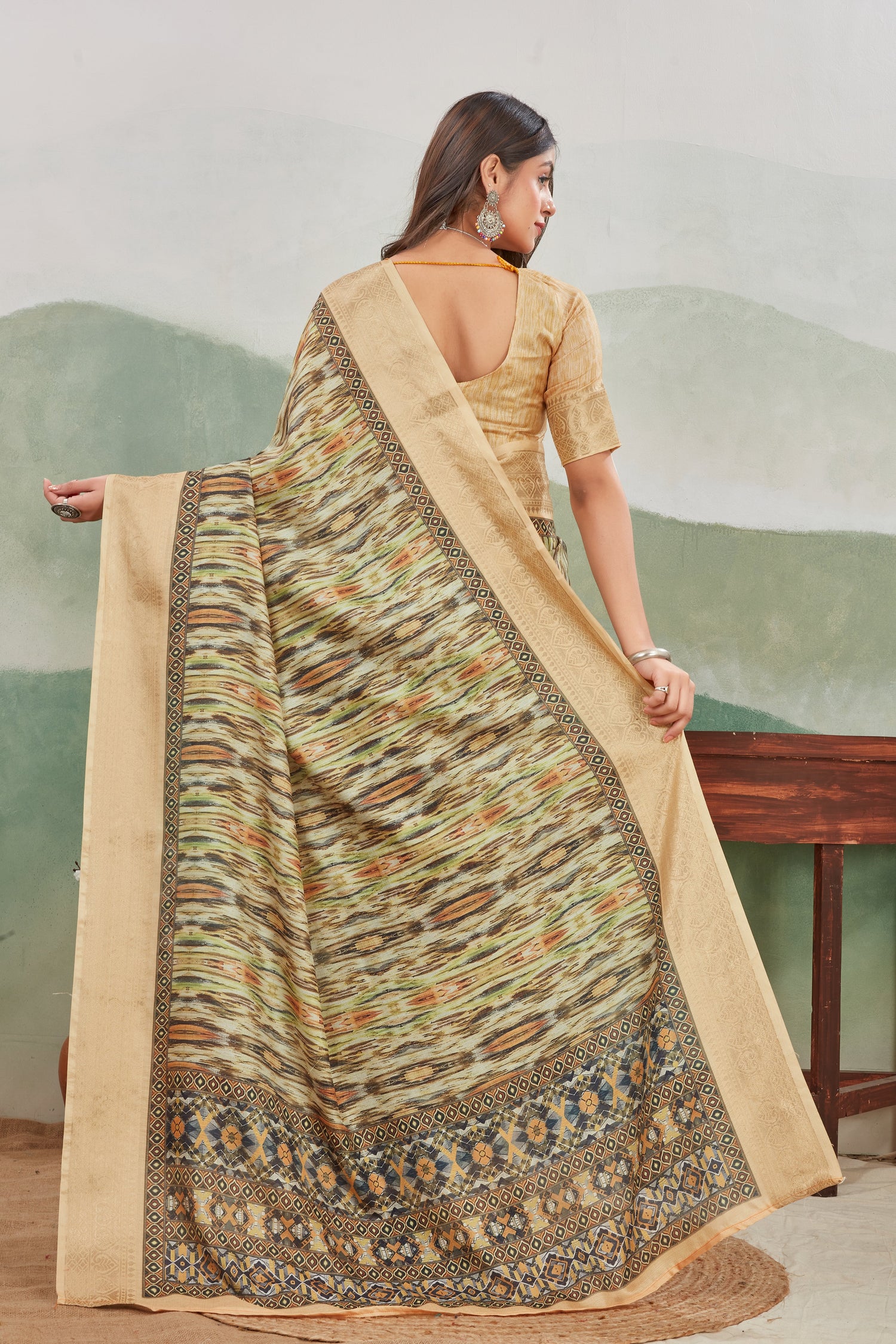 Statement Printed Saree With Batik Art On Viscose Khadi
