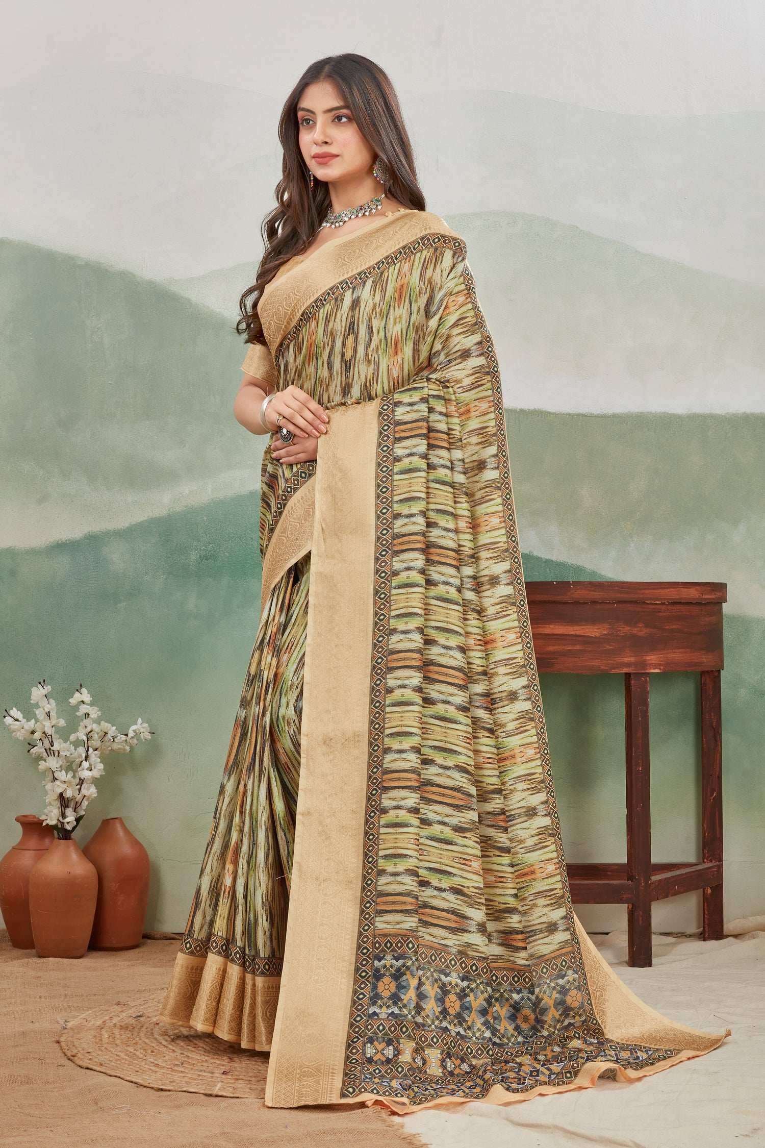 Statement Printed Saree With Batik Art On Viscose Khadi