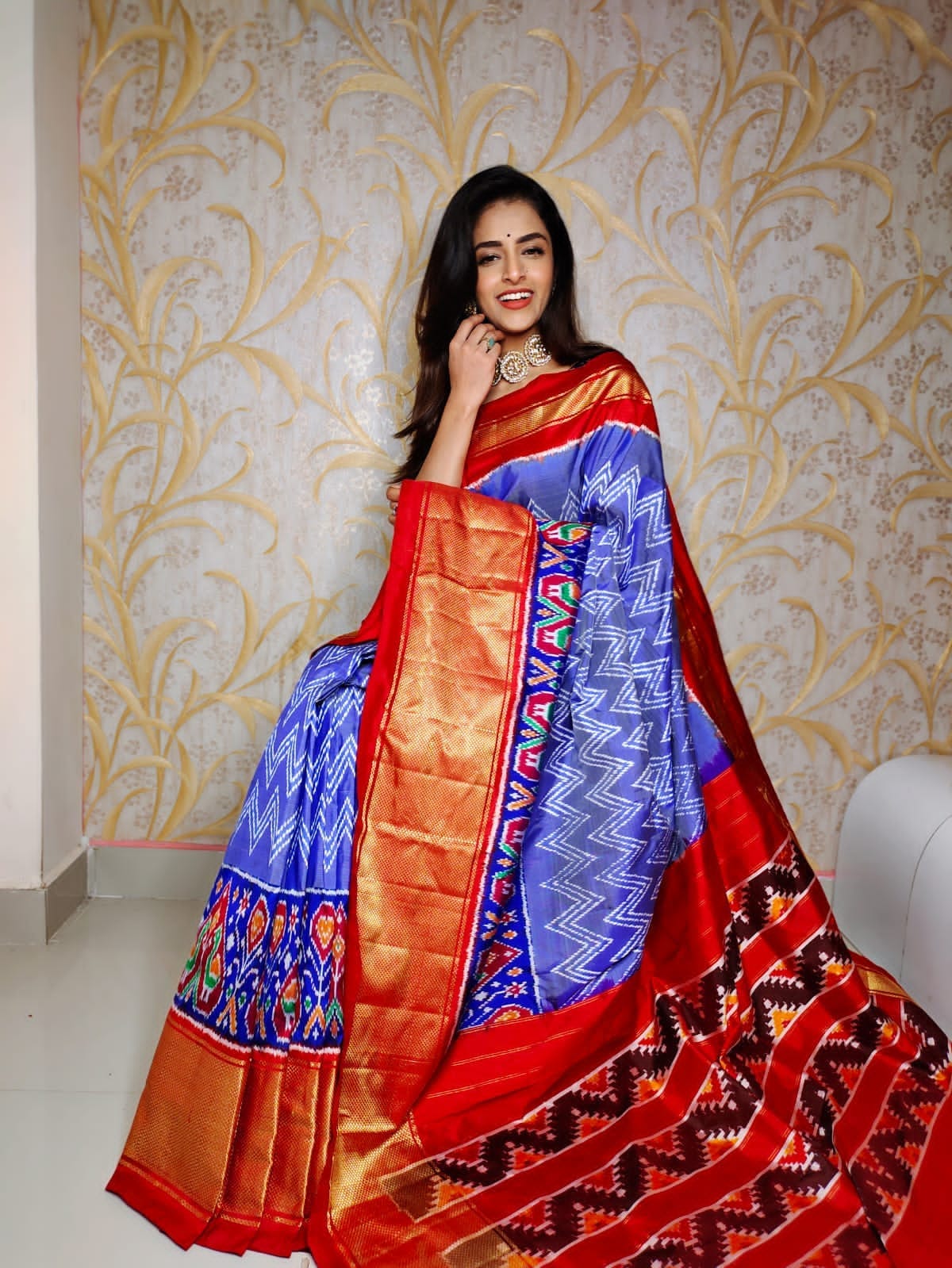 Digital Ikkat Printed Kanchi Silk Saree In Soft Traditional Weave