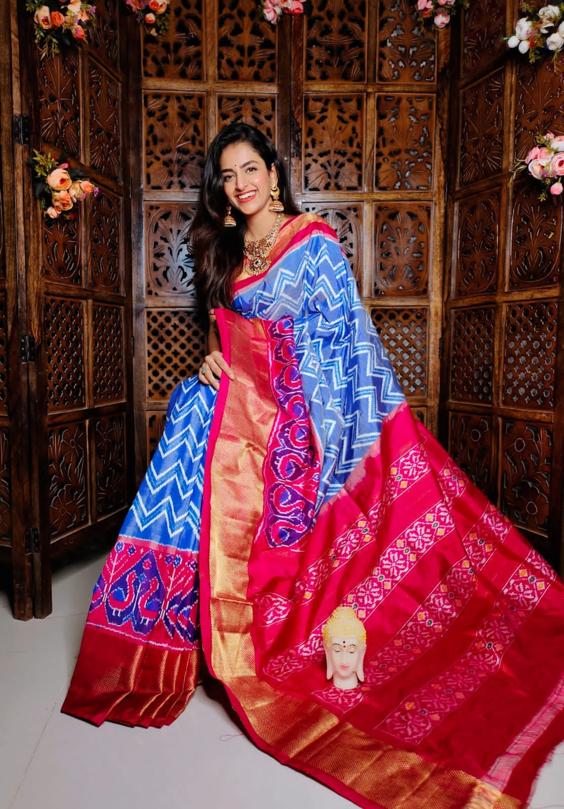 Ikkat Digital Print Soft Silk Saree In Kanchi Handloom Weave