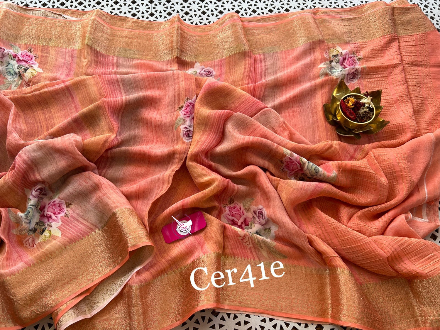 Comfortable Pink And Peach Digital Print Saree In Soft Silk For All-Day Wear