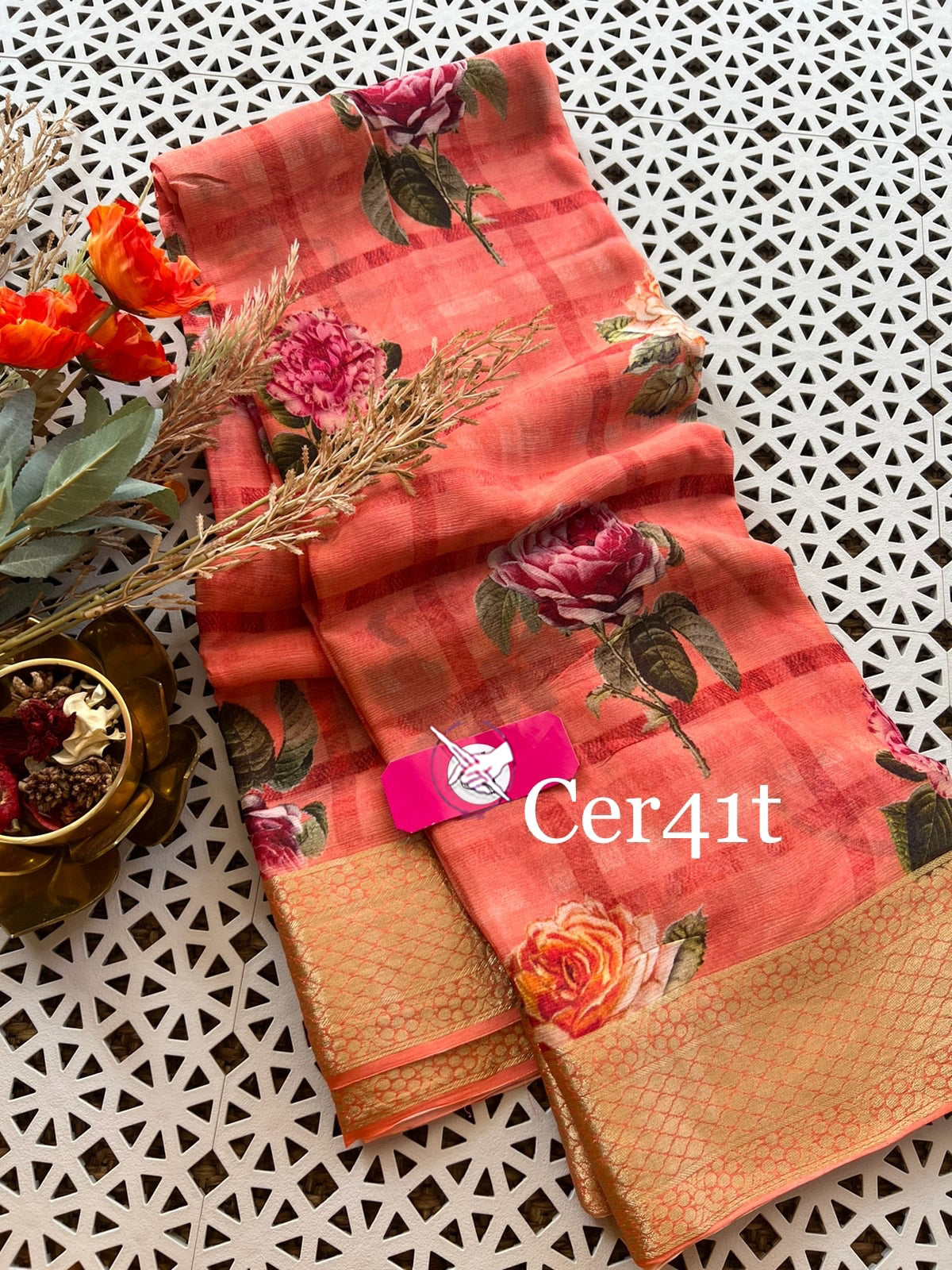 Comfortable Pink And Peach Digital Print Saree In Soft Silk For All-Day Wear