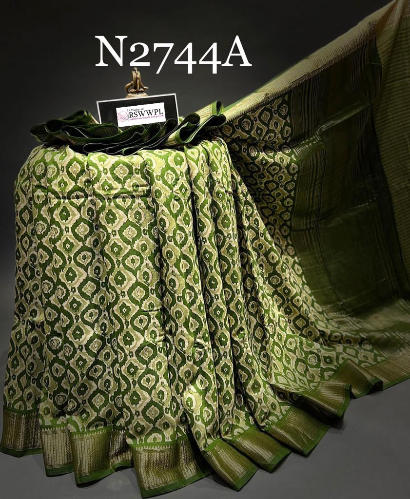 Authentic Green Assam Pattu Saree In Dola Silk With Digital Pattern