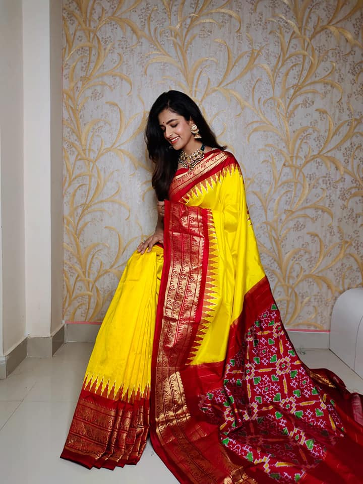 Soft Silk Saree With Kanchi Weave And Geometric Ikkat Digital Artwork