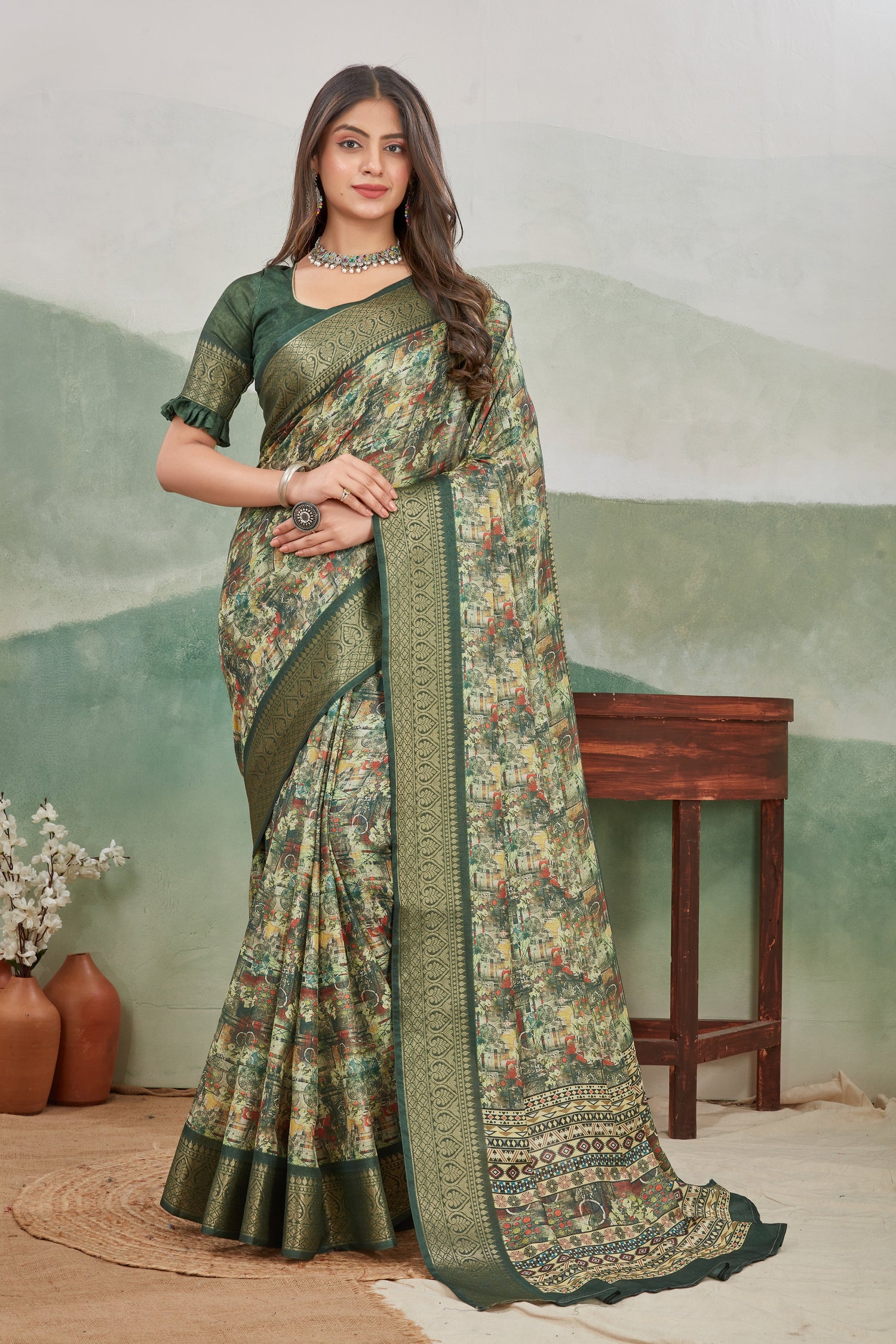 Everyday Wear Batik Print Saree In Viscose Khadi