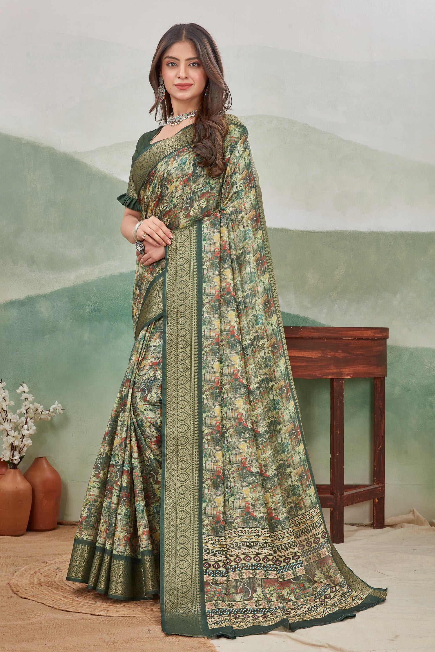 Everyday Wear Batik Print Saree In Viscose Khadi