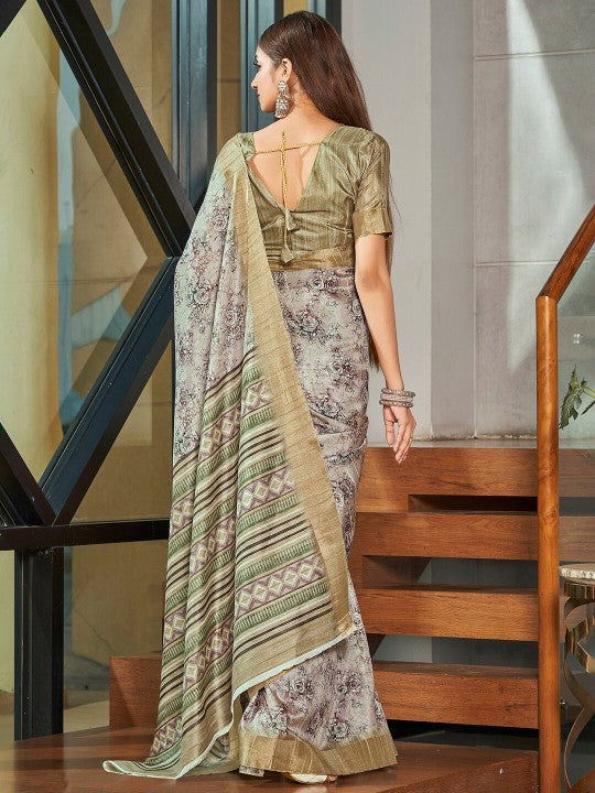 Function Ready Saree Grey Pure Soft Art Silk With Pattu Print Design