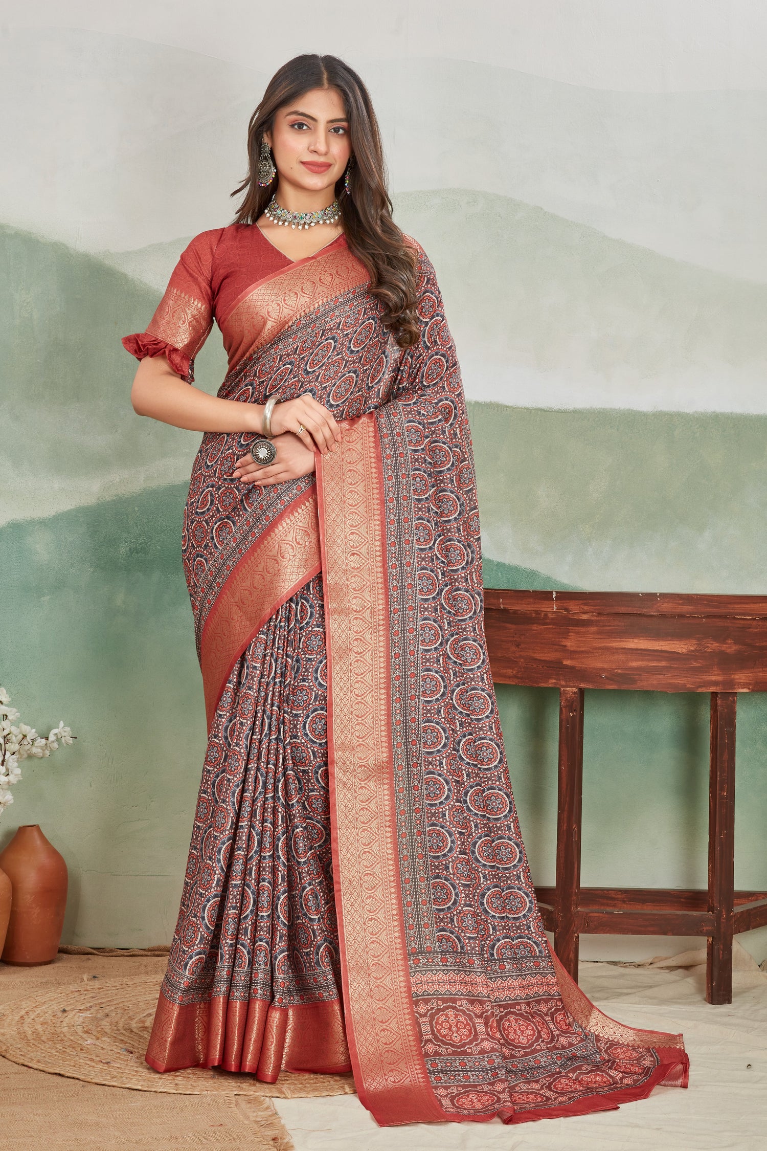 Handblock Inspired Batik Saree In Viscose Khadi
