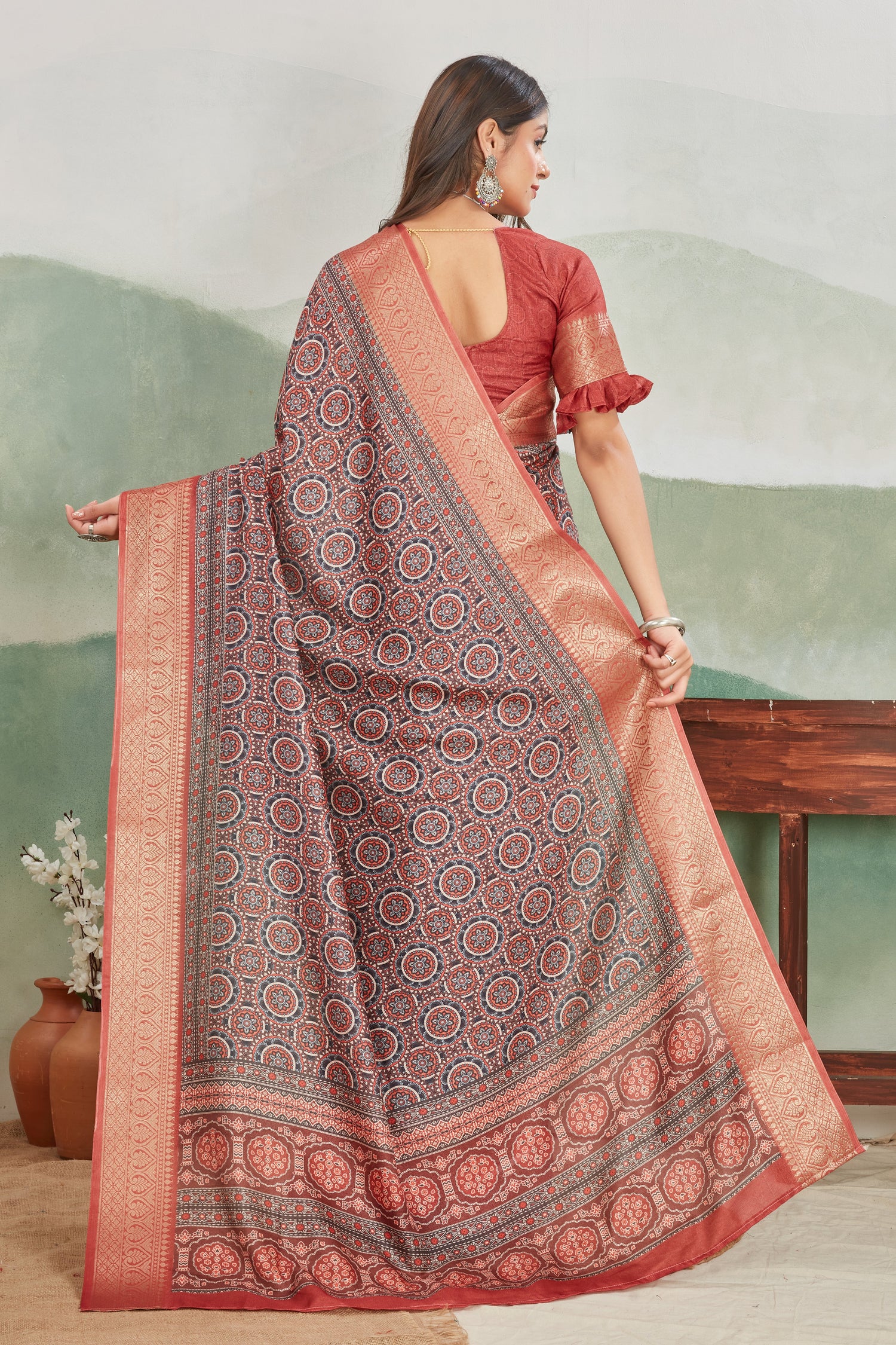 Handblock Inspired Batik Saree In Viscose Khadi