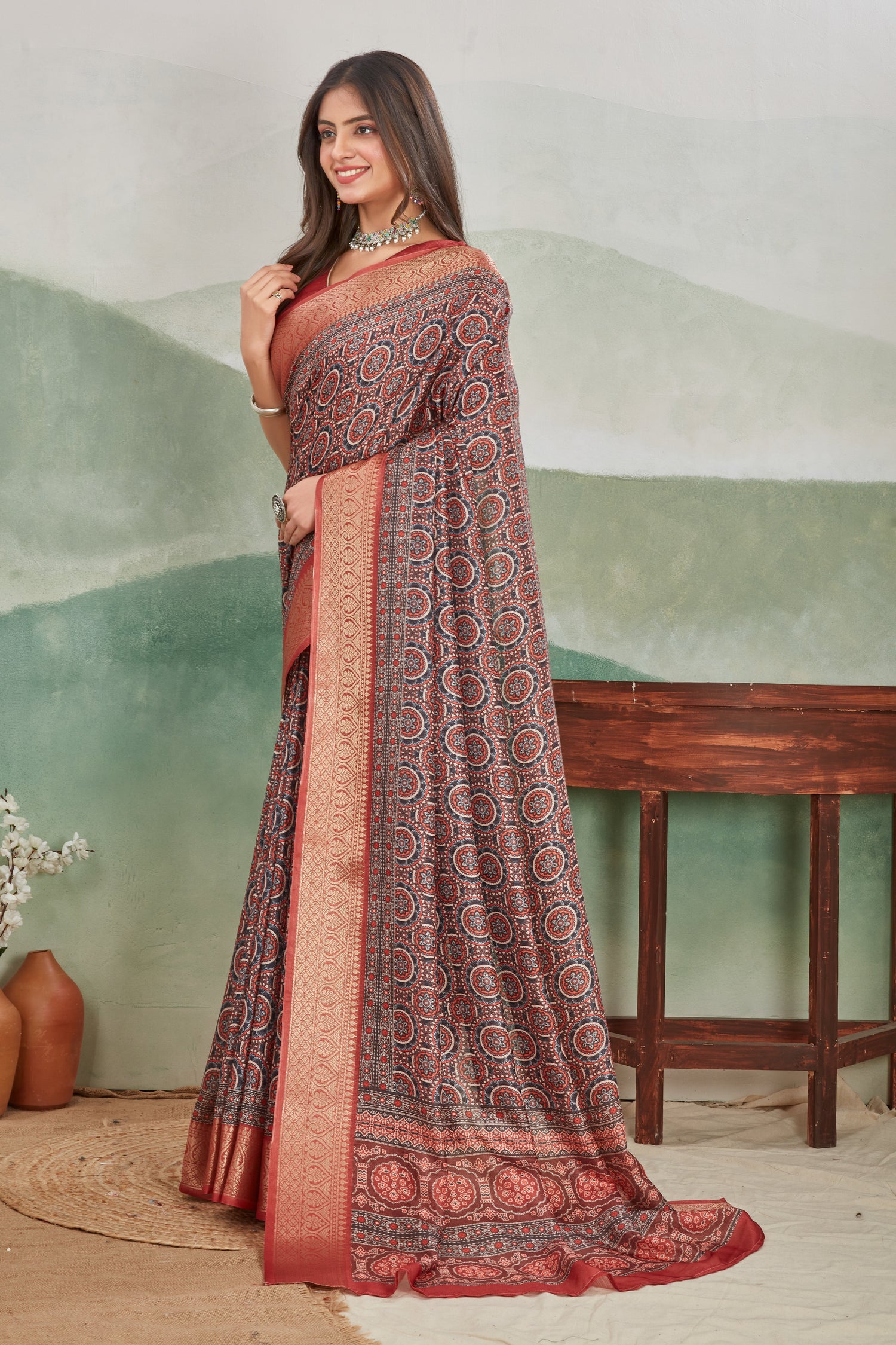 Handblock Inspired Batik Saree In Viscose Khadi