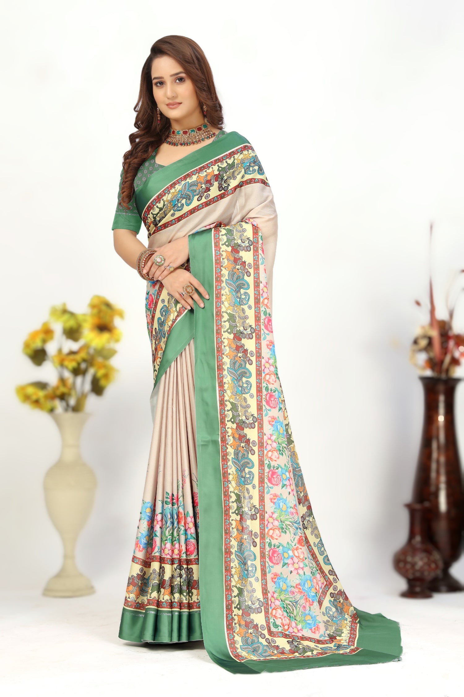 Lustrous Cream Heritage Printed Saree