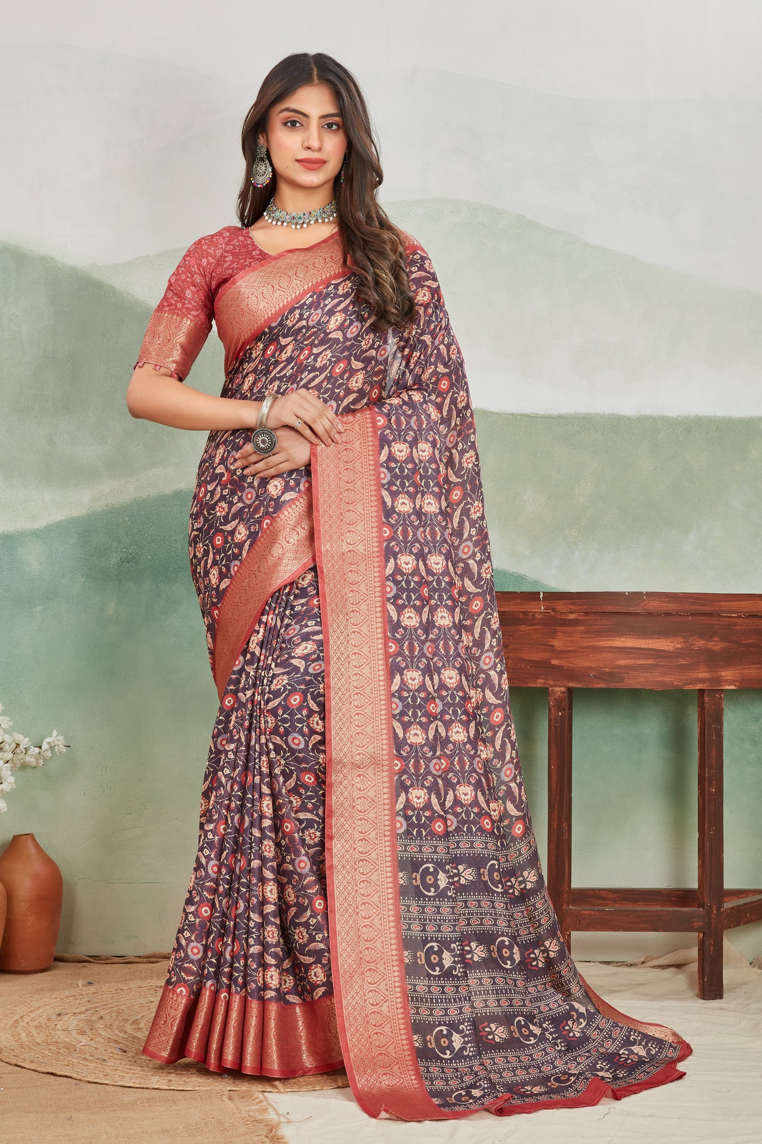 Minimalist Batik Style Digital Printed Viscose Saree