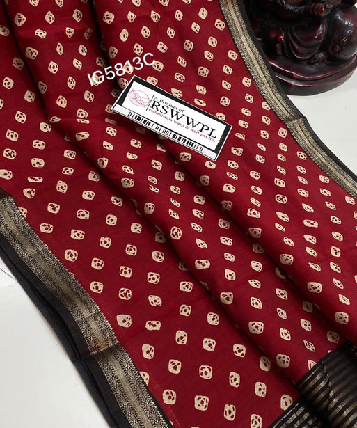 "Red and Grey  Bagh print Banarasi saree with intricate zari border, epitome of elegance and tradition."