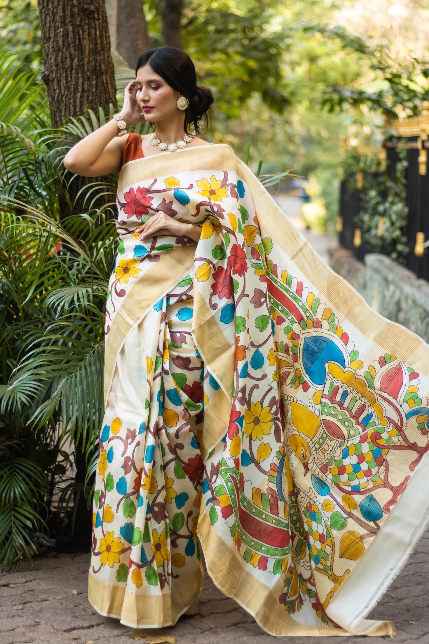 Pure Tussar Handloom Saree with Ethnic Kalamkari Work And Designer Blouse