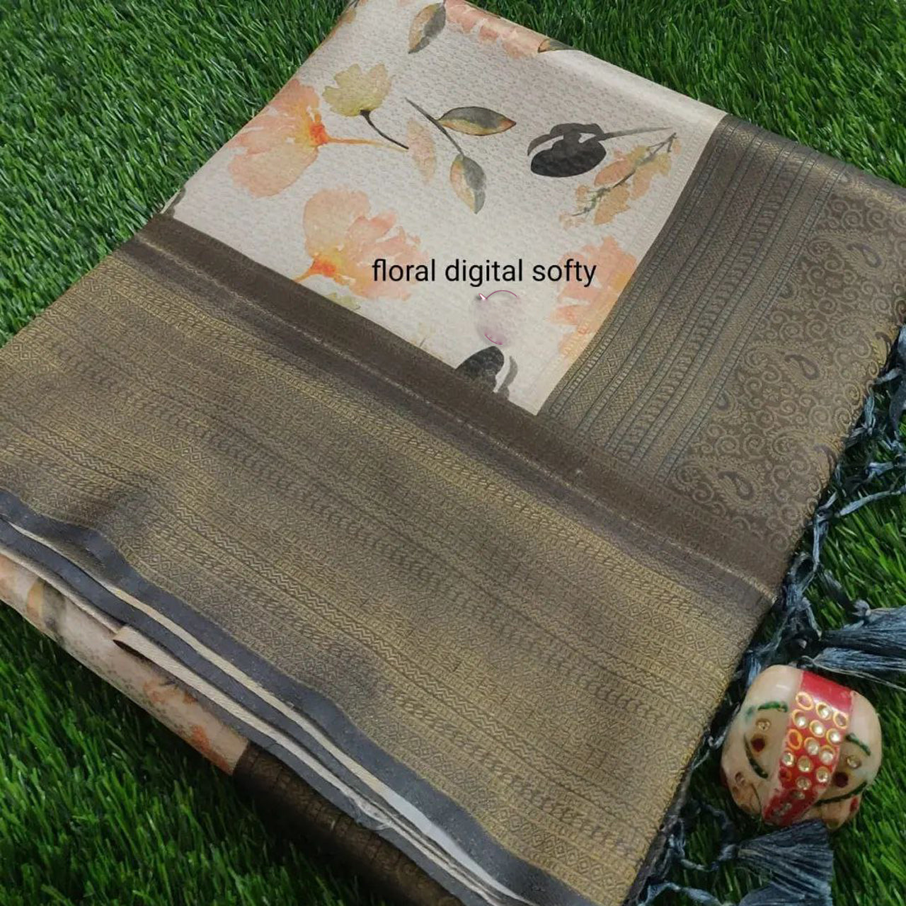 Soft Statement Beige Digital Printed Saree With Fancy Matching Blouse