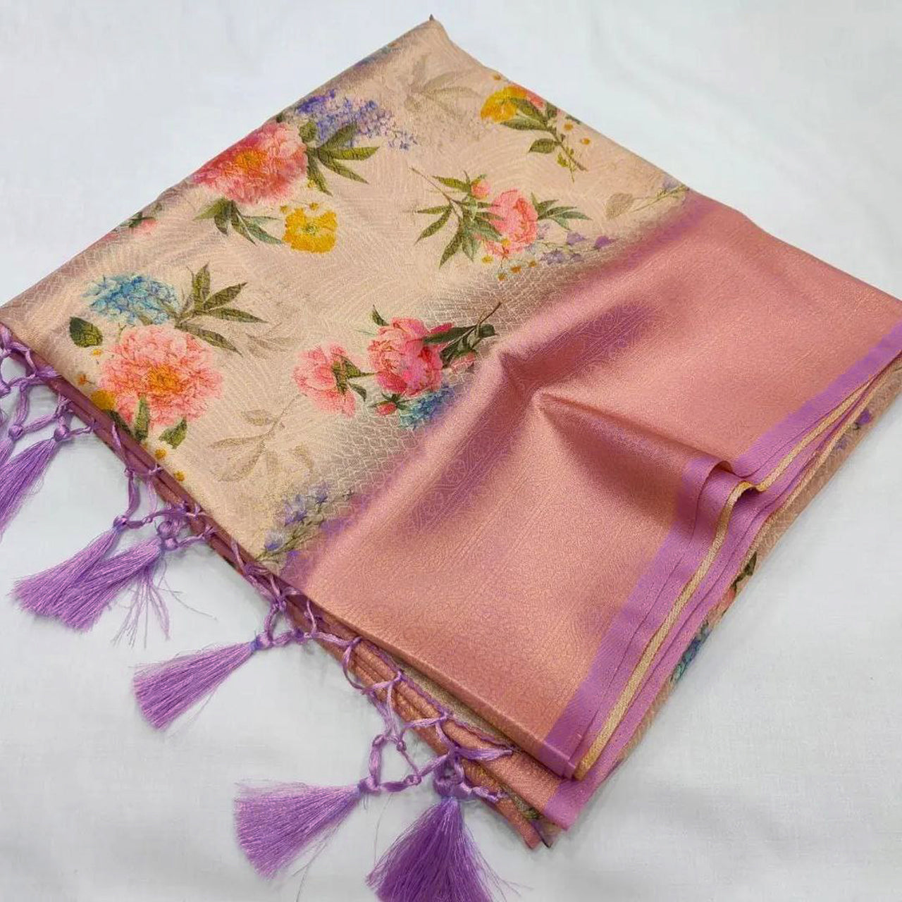 Elegant Drapes Peach Digital Print Saree In Silk With Fashion Blouse