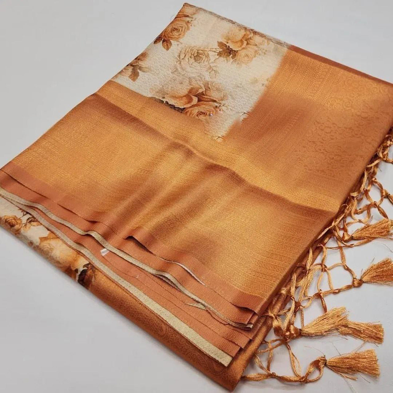 Printed Soft Silk Saree Peach Casual Style With Blouse Material