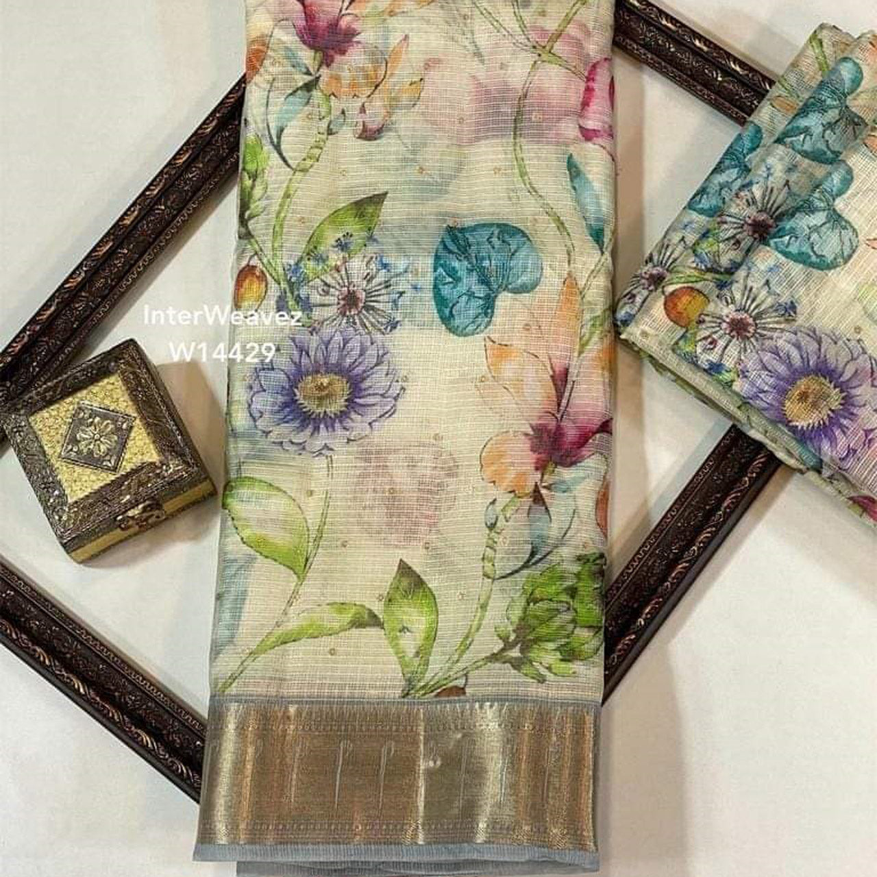 Chic Beige Digital Print Kota Silk Saree Lightweight With Zari Border
