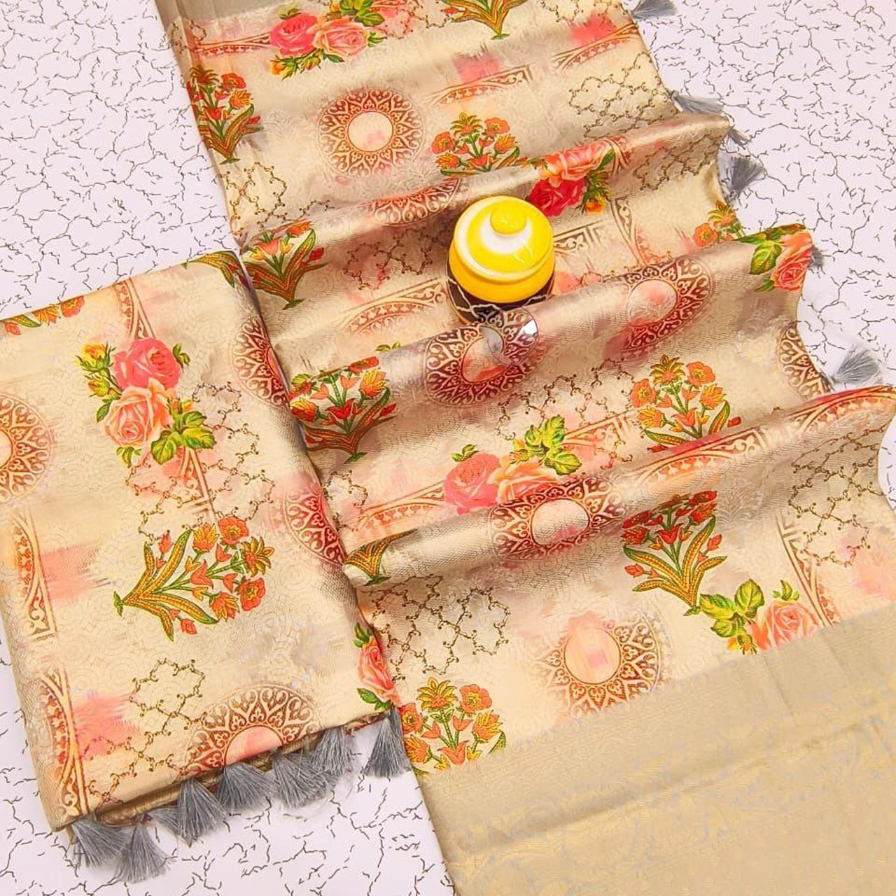 Daily Chic Saree Beige Soft Silk Digital Print And Modern Blouse Style