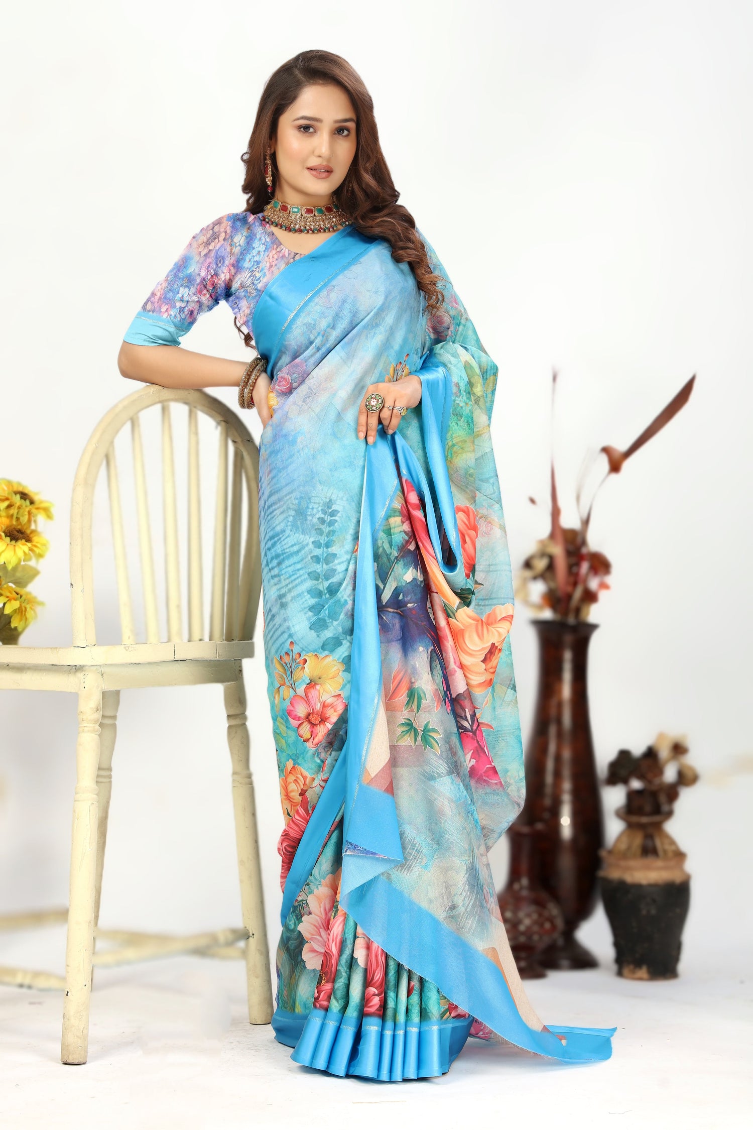 Sky Blue Radiance Printed Viscose Georgette Silks Saree